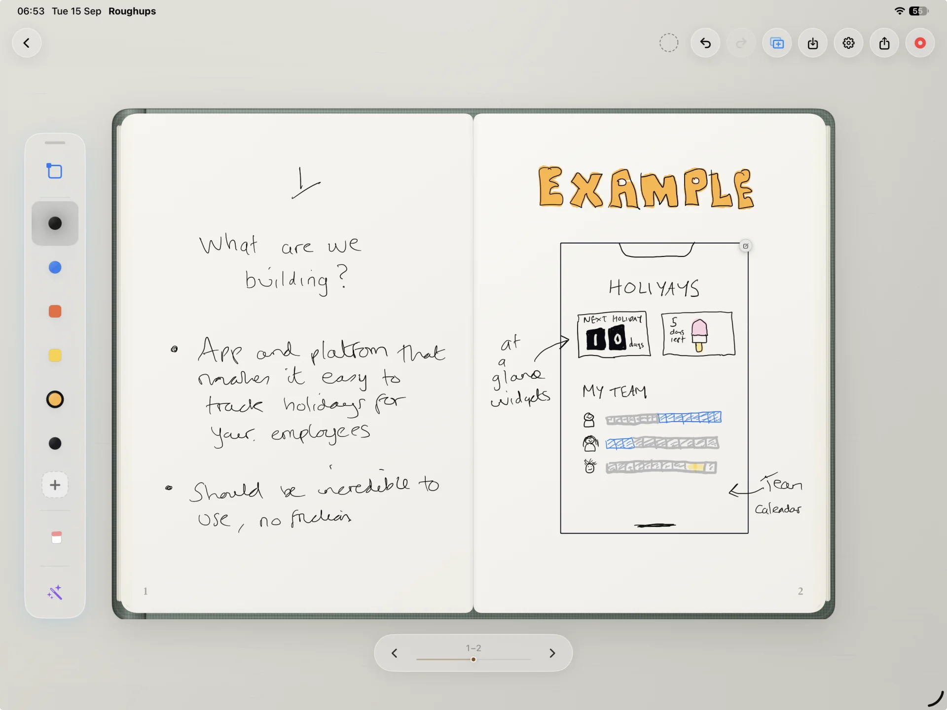 Handwritten holiday app ideas and sketches in a Roughups notebook on iPad
