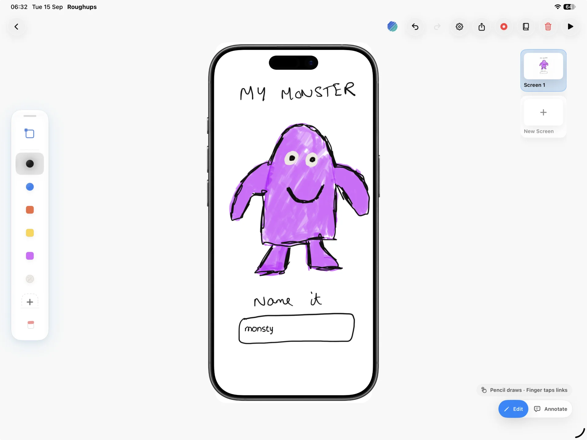 A hand-drawn purple monster phone prototype in Roughups on iPad